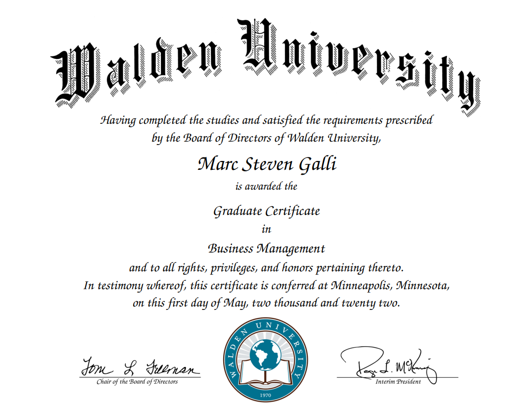 Marc S. Galli, Graduate Certificate in Business Management, Walden University